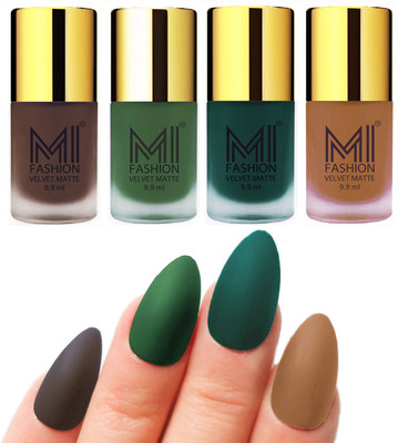 

MI Fashion Premium Quality Dull Velvet Matte Nail Polish Duo Pont Flat Brush Exclusive Combo Coffee,Green,Dark Green,Dark Nude(Pack of 4)