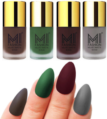 

MI Fashion Premium Quality Dull Velvet Matte Nail Polish Duo Pont Flat Brush Exclusive Combo Coffee,Green,Wine,Grey(Pack of 4)