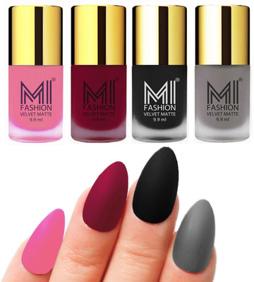 

MI Fashion Premium Quality Dull Velvet Matte Nail Polish Duo Pont Flat Brush Exclusive Combo Baby Pink,Mauve,Black,Grey(Pack of 4)