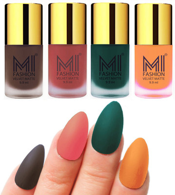 

MI Fashion Premium Quality Dull Velvet Matte Nail Polish Duo Pont Flat Brush Exclusive Combo Coffee,Light Peach,Dark Green,Saffron Orange(Pack of 4)