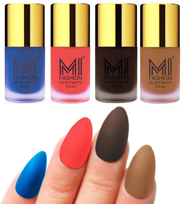 

MI Fashion Premium Quality Dull Velvet Matte Nail Polish Duo Pont Flat Brush Exclusive Combo Navy Blue,Neon Orange,Dark Brown,Dark Nude(Pack of 4)