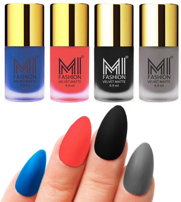 

MI Fashion Premium Quality Dull Velvet Matte Nail Polish Duo Pont Flat Brush Exclusive Combo Navy Blue,Neon Orange,Black,Grey(Pack of 4)