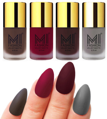 

MI Fashion Premium Quality Dull Velvet Matte Nail Polish Duo Pont Flat Brush Exclusive Combo Coffee,Mauve,Wine,Grey(Pack of 4)