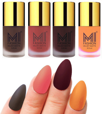 

MI Fashion Premium Quality Dull Velvet Matte Nail Polish Duo Pont Flat Brush Exclusive Combo Coffee,Light Peach,Wine,Saffron Orange(Pack of 4)