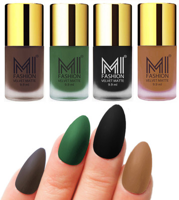 

MI Fashion Premium Quality Dull Velvet Matte Nail Polish Duo Pont Flat Brush Exclusive Combo Coffee,Green,Black,Dark Nude(Pack of 4)