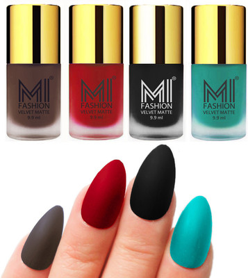 

MI Fashion Premium Quality Dull Velvet Matte Nail Polish Duo Pont Flat Brush Exclusive Combo Coffee,Tomato Red,Black,Sky Blue(Pack of 4)