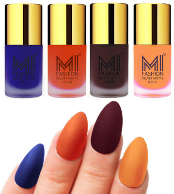 

MI Fashion Premium Quality Dull Velvet Matte Nail Polish Duo Pont Flat Brush Exclusive Combo Royal Blue,Orange,Wine,Saffron Orange(Pack of 4)