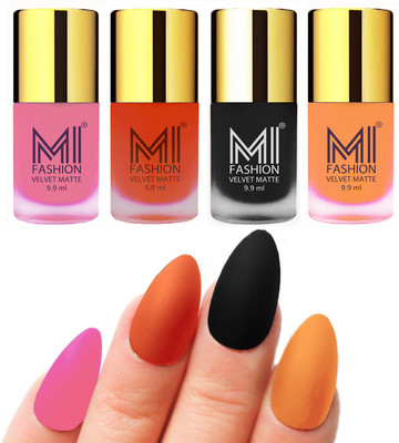 

MI Fashion Premium Quality Dull Velvet Matte Nail Polish Duo Pont Flat Brush Exclusive Combo Baby Pink,Orange,Black,Saffron Orange(Pack of 4)