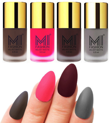 

MI Fashion Premium Quality Dull Velvet Matte Nail Polish Duo Pont Flat Brush Exclusive Combo Coffee,Neon Pink,Wine,Grey(Pack of 4)