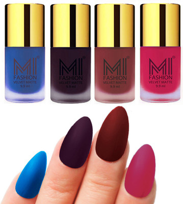 

MI Fashion Premium Quality Dull Velvet Matte Nail Polish Duo Pont Flat Brush Exclusive Combo Navy Blue,DARK PURPLE,Maroon,Pink(Pack of 4)