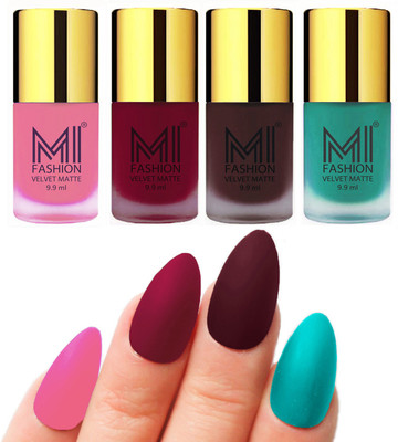 

MI Fashion Premium Quality Dull Velvet Matte Nail Polish Duo Pont Flat Brush Exclusive Combo Baby Pink,Mauve,Wine,Sky Blue(Pack of 4)