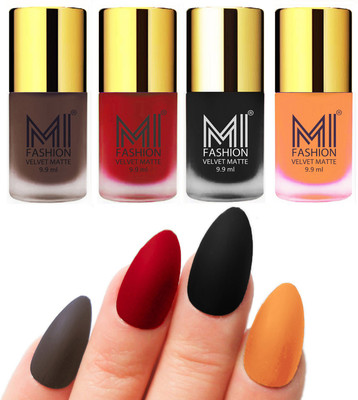 

MI Fashion Premium Quality Dull Velvet Matte Nail Polish Duo Pont Flat Brush Exclusive Combo Coffee,Tomato Red,Black,Saffron Orange(Pack of 4)