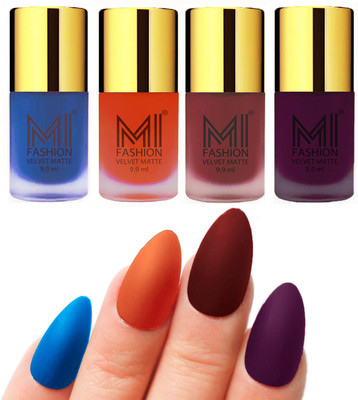 

MI Fashion Premium Quality Dull Velvet Matte Nail Polish Duo Pont Flat Brush Exclusive Combo Navy Blue,Orange,Maroon,Purple(Pack of 4)
