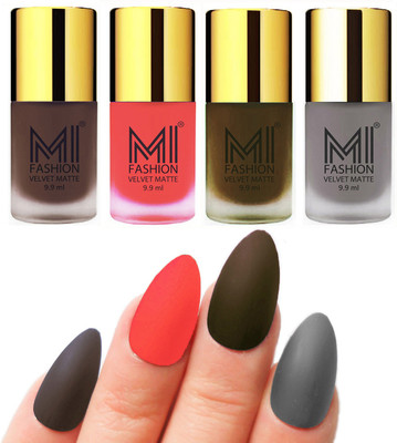 

MI Fashion Premium Quality Dull Velvet Matte Nail Polish Duo Pont Flat Brush Exclusive Combo Coffee,Neon Orange,Olive Brown,Grey(Pack of 4)