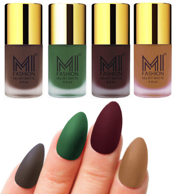 

MI Fashion Premium Quality Dull Velvet Matte Nail Polish Duo Pont Flat Brush Exclusive Combo Coffee,Green,Wine,Dark Nude(Pack of 4)