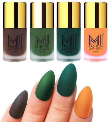 

MI Fashion Premium Quality Dull Velvet Matte Nail Polish Duo Pont Flat Brush Exclusive Combo Coffee,Green,Dark Green,Saffron Orange(Pack of 4)