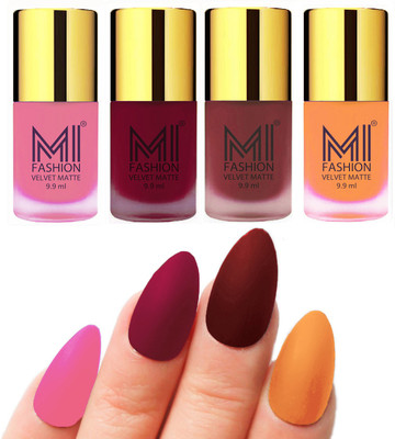 

MI Fashion Premium Quality Dull Velvet Matte Nail Polish Duo Pont Flat Brush Exclusive Combo Baby Pink,Mauve,Maroon,Saffron Orange(Pack of 4)