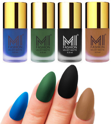 

MI Fashion Premium Quality Dull Velvet Matte Nail Polish Duo Pont Flat Brush Exclusive Combo Navy Blue,Green,Black,Dark Nude(Pack of 4)