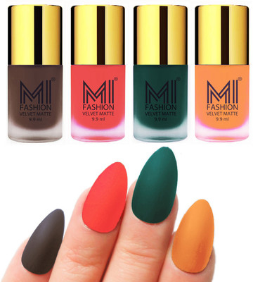 

MI Fashion Premium Quality Dull Velvet Matte Nail Polish Duo Pont Flat Brush Exclusive Combo Coffee,Neon Orange,Dark Green,Saffron Orange(Pack of 4)