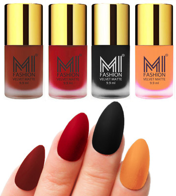 

MI Fashion Premium Quality Dull Velvet Matte Nail Polish Duo Pont Flat Brush Exclusive Combo Cherry Red,Tomato Red,Black,Saffron Orange(Pack of 4)