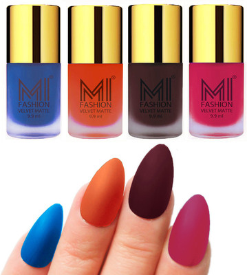 

MI Fashion Premium Quality Dull Velvet Matte Nail Polish Duo Pont Flat Brush Exclusive Combo Navy Blue,Orange,Wine,Pink(Pack of 4)