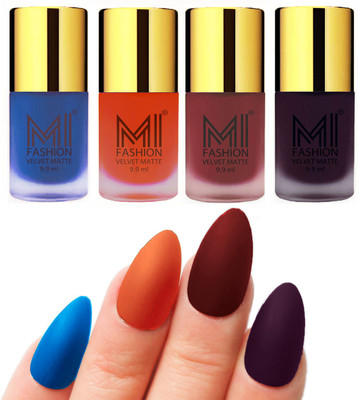 

MI Fashion Premium Quality Dull Velvet Matte Nail Polish Duo Pont Flat Brush Exclusive Combo Navy Blue,Orange,Maroon,DARK PURPLE(Pack of 4)