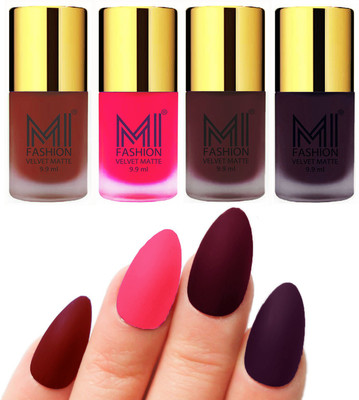 

MI Fashion Premium Quality Dull Velvet Matte Nail Polish Duo Pont Flat Brush Exclusive Combo Red,Neon Pink,Red Wine,DARK PURPLE(Pack of 4)
