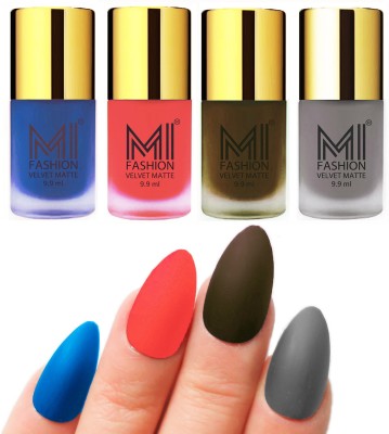 

MI Fashion Premium Quality Dull Velvet Matte Nail Polish Duo Pont Flat Brush Exclusive Combo Navy Blue,Neon Orange,Olive Brown,Grey(Pack of 4)