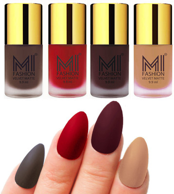 

MI Fashion Premium Quality Dull Velvet Matte Nail Polish Duo Pont Flat Brush Exclusive Combo Coffee,Tomato Red,Wine,Nude(Pack of 4)