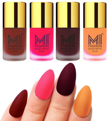 

MI Fashion Premium Quality Dull Velvet Matte Nail Polish Duo Pont Flat Brush Exclusive Combo Red,Neon Pink,Red Wine,Saffron Orange(Pack of 4)