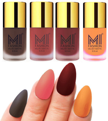 

MI Fashion Premium Quality Dull Velvet Matte Nail Polish Duo Pont Flat Brush Exclusive Combo Coffee,Light Peach,Maroon,Saffron Orange(Pack of 4)