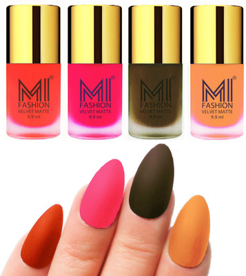 

MI Fashion Premium Quality Dull Velvet Matte Nail Polish Duo Pont Flat Brush Exclusive Combo Orange,Neon Pink,Olive Brown,Saffron Orange(Pack of 4)