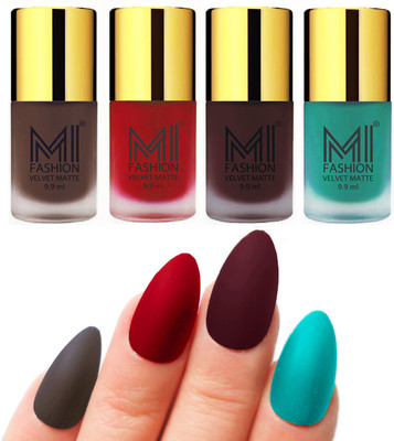 

MI Fashion Premium Quality Dull Velvet Matte Nail Polish Duo Pont Flat Brush Exclusive Combo Coffee,Tomato Red,Wine,Sky Blue(Pack of 4)