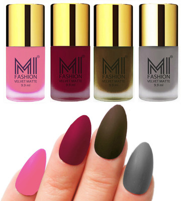 

MI Fashion Premium Quality Dull Velvet Matte Nail Polish Duo Pont Flat Brush Exclusive Combo Baby Pink,Mauve,Olive Brown,Grey(Pack of 4)