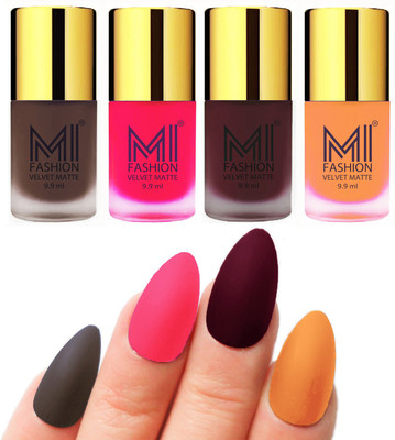 

MI Fashion Premium Quality Dull Velvet Matte Nail Polish Duo Pont Flat Brush Exclusive Combo Coffee,Neon Pink,Red Wine,Saffron Orange(Pack of 4)