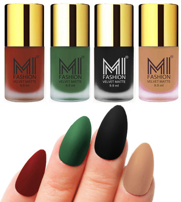 

MI Fashion Premium Quality Dull Velvet Matte Nail Polish Duo Pont Flat Brush Exclusive Combo Cherry Red,Green,Black,Nude(Pack of 4)
