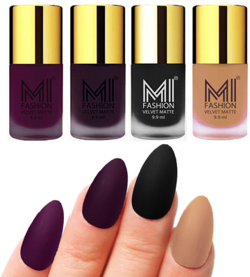 

MI Fashion Premium Quality Dull Velvet Matte Nail Polish Duo Pont Flat Brush Exclusive Combo Purple,DARK PURPLE,Black,Nude(Pack of 4)