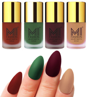 

MI Fashion Premium Quality Dull Velvet Matte Nail Polish Duo Pont Flat Brush Exclusive Combo Cherry Red,Green,Red Wine,Nude(Pack of 4)
