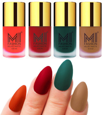 

MI Fashion Premium Quality Dull Velvet Matte Nail Polish Duo Pont Flat Brush Exclusive Combo 0Orange,Tomato Red,Dark Green,Dark Nude(Pack of 4)