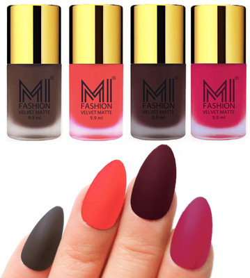 

MI Fashion Premium Quality Dull Velvet Matte Nail Polish Duo Pont Flat Brush Exclusive Combo Coffee,Neon Orange,Wine,Pink(Pack of 4)