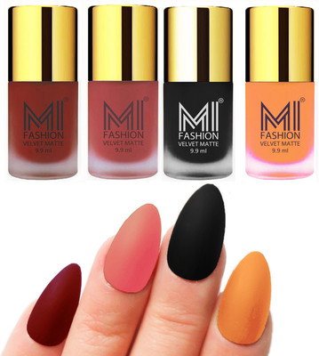 

MI Fashion Premium Quality Dull Velvet Matte Nail Polish Duo Pont Flat Brush Exclusive Combo Red,Light Peach,Black,Saffron Orange(Pack of 4)