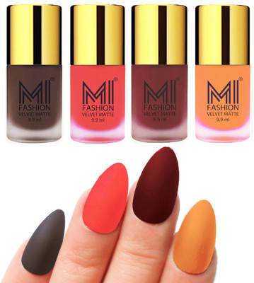 

MI Fashion Premium Quality Dull Velvet Matte Nail Polish Duo Pont Flat Brush Exclusive Combo Coffee,Neon Orange,Maroon,Saffron Orange(Pack of 4)