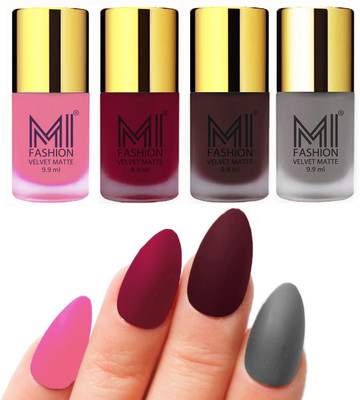 

MI Fashion Premium Quality Dull Velvet Matte Nail Polish Duo Pont Flat Brush Exclusive Combo Baby Pink,Mauve,Wine,Grey(Pack of 4)