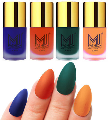 

MI Fashion Premium Quality Dull Velvet Matte Nail Polish Duo Pont Flat Brush Exclusive Combo Royal Blue,Orange,Dark Green,Saffron Orange(Pack of 4)
