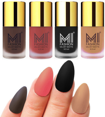 

MI Fashion Premium Quality Dull Velvet Matte Nail Polish Duo Pont Flat Brush Exclusive Combo Coffee,Light Peach,Black,Nude(Pack of 4)