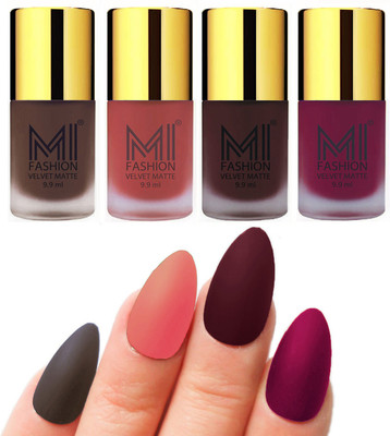 

MI Fashion Premium Quality Dull Velvet Matte Nail Polish Duo Pont Flat Brush Exclusive Combo Coffee,Light Peach,Wine,Magenta(Pack of 4)