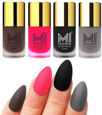 

MI Fashion Premium Quality Dull Velvet Matte Nail Polish Duo Pont Flat Brush Exclusive Combo Coffee,Neon Pink,Black,Grey(Pack of 4)