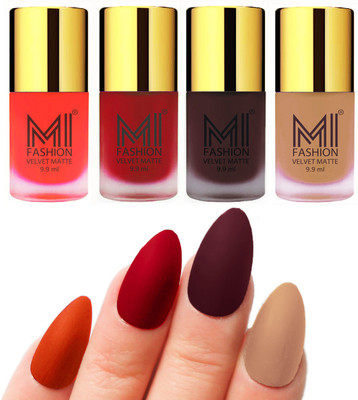 

MI Fashion Premium Quality Dull Velvet Matte Nail Polish Duo Pont Flat Brush Exclusive Combo Orange,Red,Wine,Nude(Pack of 4)