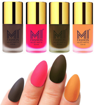 

MI Fashion Premium Quality Dull Velvet Matte Nail Polish Duo Pont Flat Brush Exclusive Combo Coffee,Neon Pink,Olive Brown,Saffron Orange(Pack of 4)