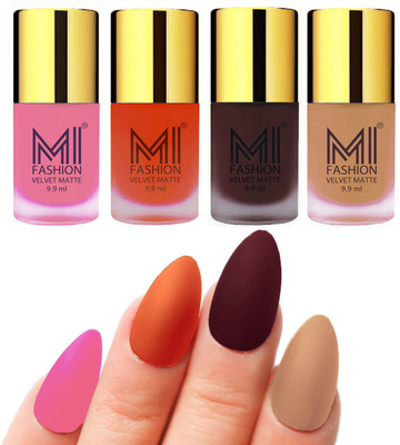 

MI Fashion Premium Quality Dull Velvet Matte Nail Polish Duo Pont Flat Brush Exclusive Combo Baby Pink,Orange,Wine,Nude(Pack of 4)